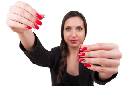 Woman touching an imaginary screenの写真素材