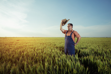 Farmer standing in a wheat fieldの写真素材