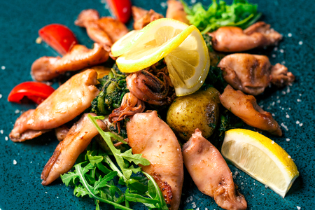 Grilled squid with lemon and vegetables on color plate at Italian restaurantの写真素材