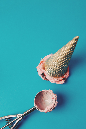 Top view pink ice cream in waffle coneの写真素材