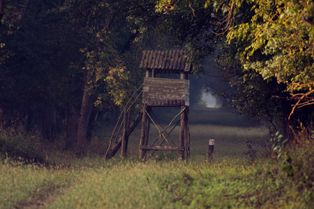Autumn nature with a hunting tower on a fieldの写真素材