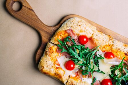 Traditional Italian Focaccia with tomatoesの写真素材