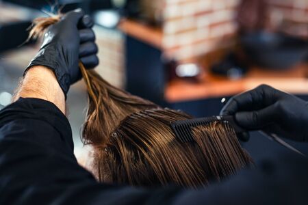Male client getting haircut by hairdresser. Modern hair salon concept.の写真素材