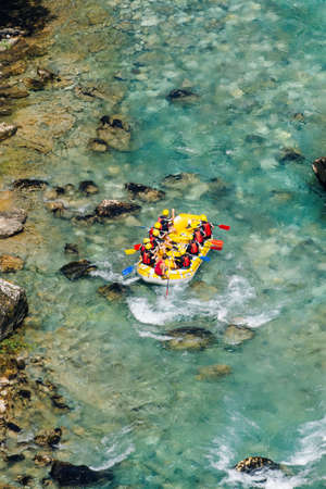 Rafting team , summer extreme water sport. Top view.