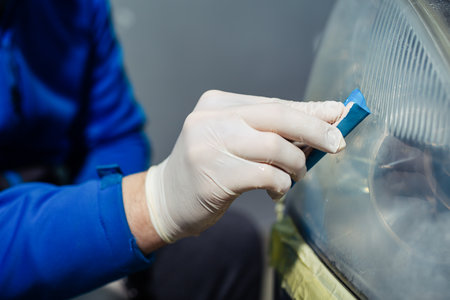 The worker polishes optics of headlights of the car with the electric tool.の写真素材