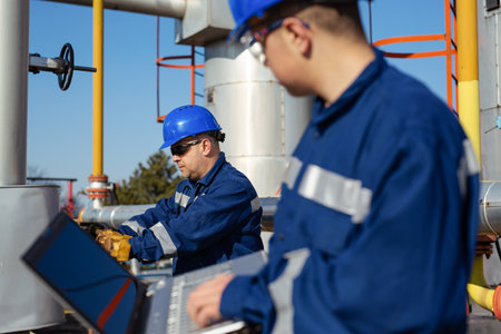 Two Factory worker in a hard hat on Heavy equipment and pipelineの写真素材