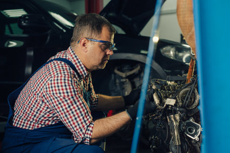Auto mechanic working in garage. Repair service.の写真素材