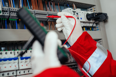 Electrical engineer using digital multimeter measuring equipment to checking electric current voltage.の写真素材