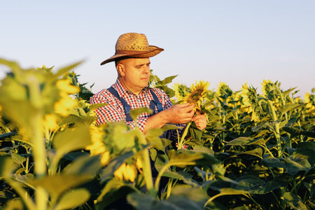 Portrait of senior farmer standing in sunflowers field at sunsetの写真素材