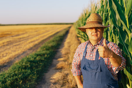 A farmer agronomist inspects the stems and leaves of green corn