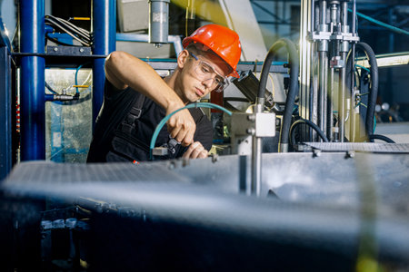 Factory worker working in industrial building indoor. Man fixing machines, checking work process, fixing techniciall problemsの写真素材