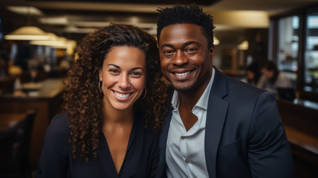 Portrait of smiling businesswoman and businessman looking at camera in coffee shopの素材