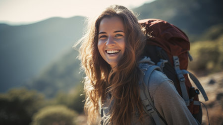 Portrait of smiling woman hiker looking at camera on a sunny dayの素材