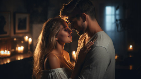 Beautiful young couple in love in the interior of the room.の素材