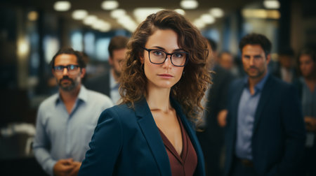 Portrait of confident businesswoman standing in office with colleagues in backgroundの素材