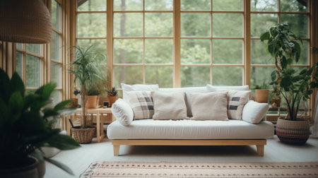Interior of living room with sofa, pillows and plants.の素材