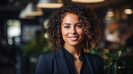 Portrait of beautiful african american businesswoman smiling in cafeの素材