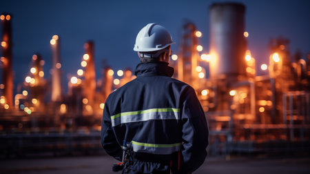 Portrait of a male oil and gas engineer standing in front of oil refinery.の素材