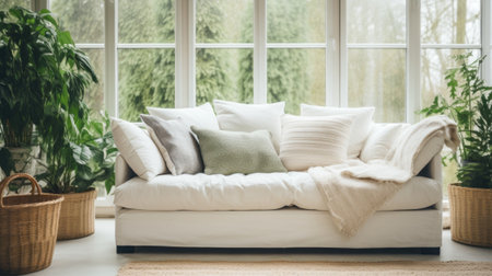 Modern interior design of living room with white sofa, pillows and plantsの素材