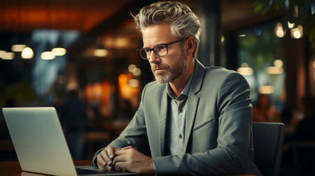 Handsome mature businessman working on laptop computer in cafe. Businessman wearing eyeglasses sitting at table and using laptop.の素材