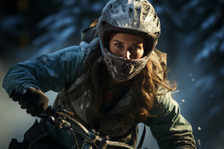 Portrait of a beautiful young woman on a motorcycle in winter forestの素材