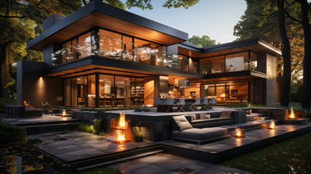3d rendering of modern cozy chalet with pool and parking for sale or rent. Massive timber beams columns. Cool summer evening with cozy light from windows.の素材