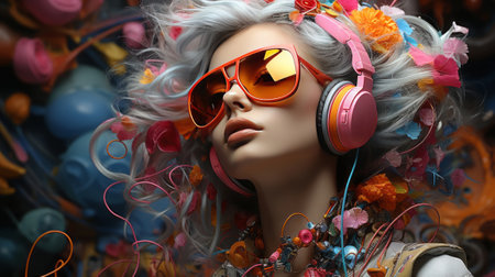 Beautiful young woman listening to music with headphones. 3d renderingの素材