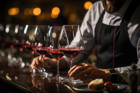 Male sommelier pouring red wine into glasses on counter in restaurantの素材