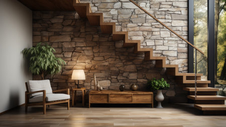 Modern living room interior design with wooden stairs and chair. 3D Renderingの素材