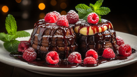 Chocolate Souffle with raspberries and chocolate syrup.の素材