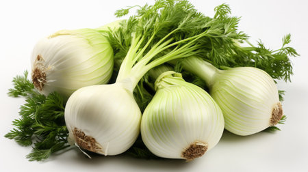 Fresh fennel bulbs with dill on a white background.の素材