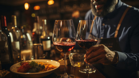 Close-up of male hands pouring red wine into glasses at restaurantの素材