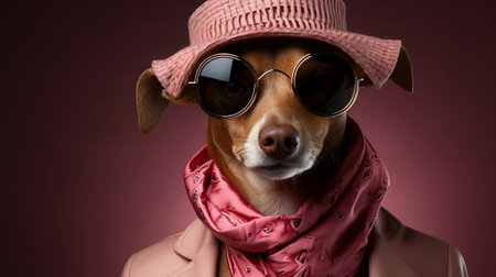 Funny dog in a hat and sunglasses on a burgundy backgroundの素材