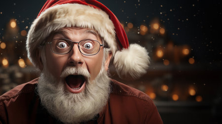 Portrait of shocked Santa Claus in red hat and glasses on blurred backgroundの素材