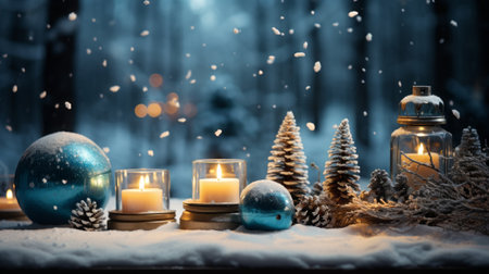 Christmas decoration with burning candles on snow background. New Year concept.の素材