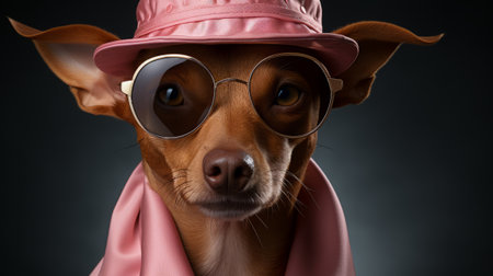 cool dog wearing a pink hat and sunglasses on a dark background.の素材