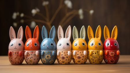 Easter bunnies in a row on a wooden background.の素材
