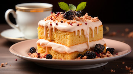 Cake with berries and a cup of coffee on a wooden backgroundの素材