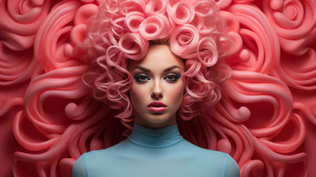 Fashion portrait of beautiful young woman with pink curly hair. Beauty, fashion.の素材