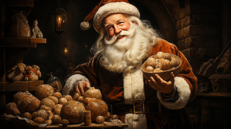 Portrait of a Santa Claus with a basket of mushrooms in his hands.の素材