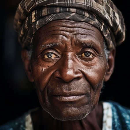 Portrait of an elderly African man in a headscarf.の素材