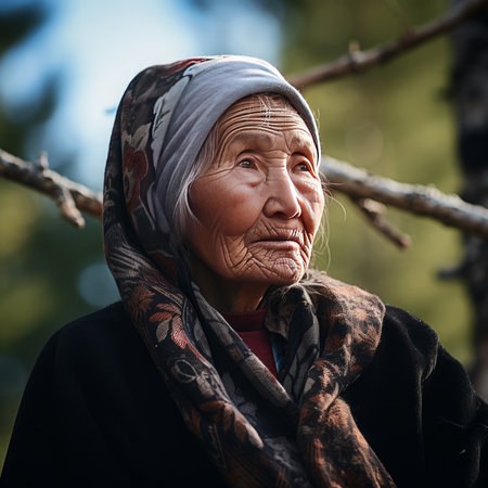 Old woman in traditional clothes and headscarf on the nature.の素材