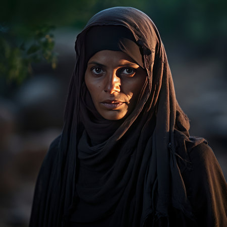 Portrait of a young Muslim woman with black hijab in the village.の素材