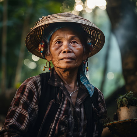 Portrait of an elderly asian woman wearing a traditional hat.の素材