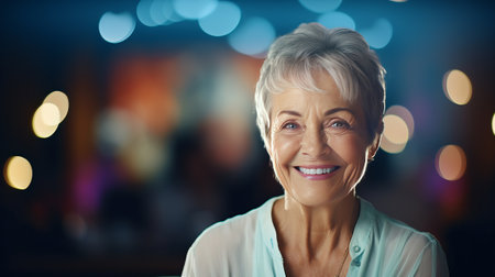 portrait of smiling senior woman at home over bokeh backgroundの素材