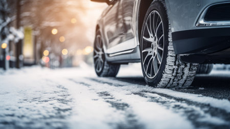 Car parked on the street in winter with snow and ice on the roadの素材
