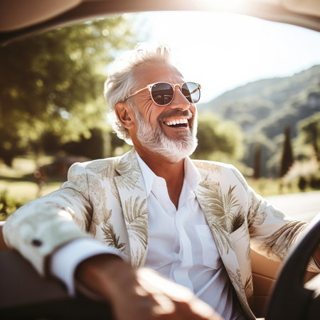 Cheerful senior man driving his convertible car on a sunny dayの素材