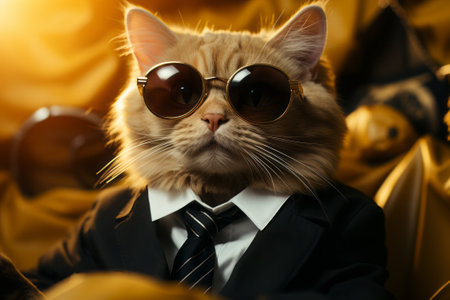 Cute cat wearing a suit and sunglasses on a golden background.の素材