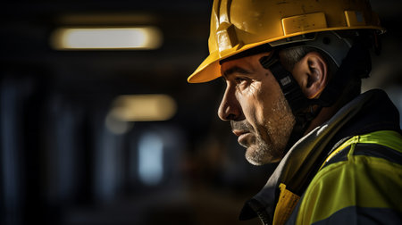 Portrait of a male industrial worker wearing safety helmet and reflective vest in a factoryの素材