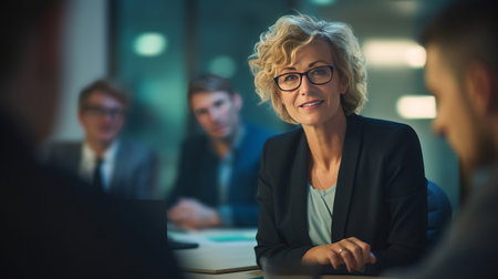 Portrait of mature businesswoman sitting at table during meeting in officeの素材